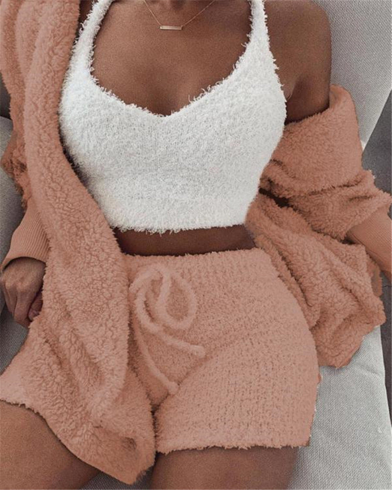 Women's 3 Piece Pajama Set - Long Sleeve Cropped Tank Top and Drawstring Shorts 💖