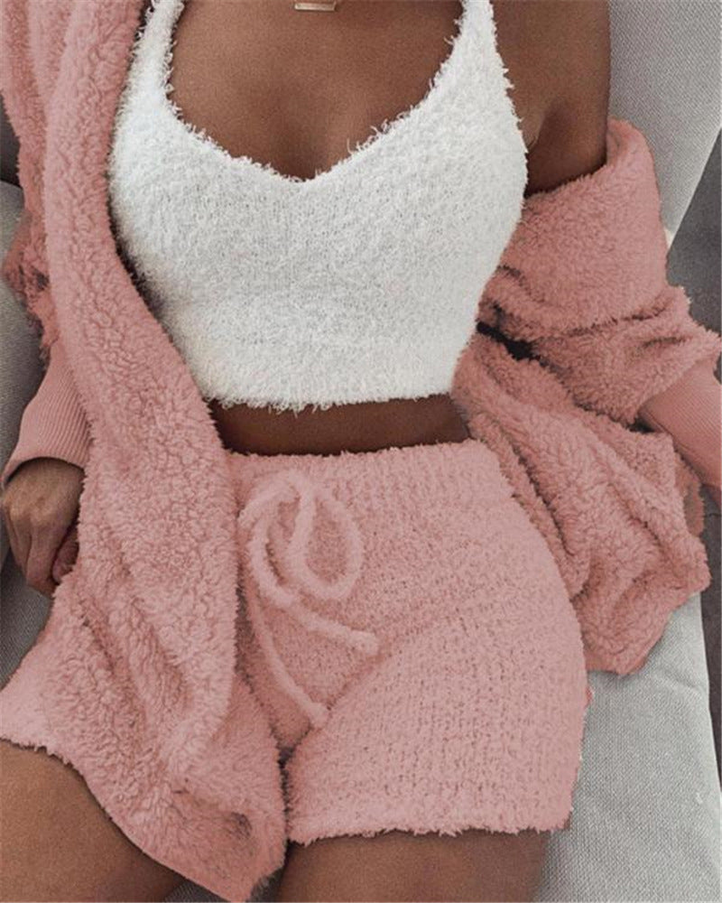 Women's 3 Piece Pajama Set - Long Sleeve Cropped Tank Top and Drawstring Shorts 💖