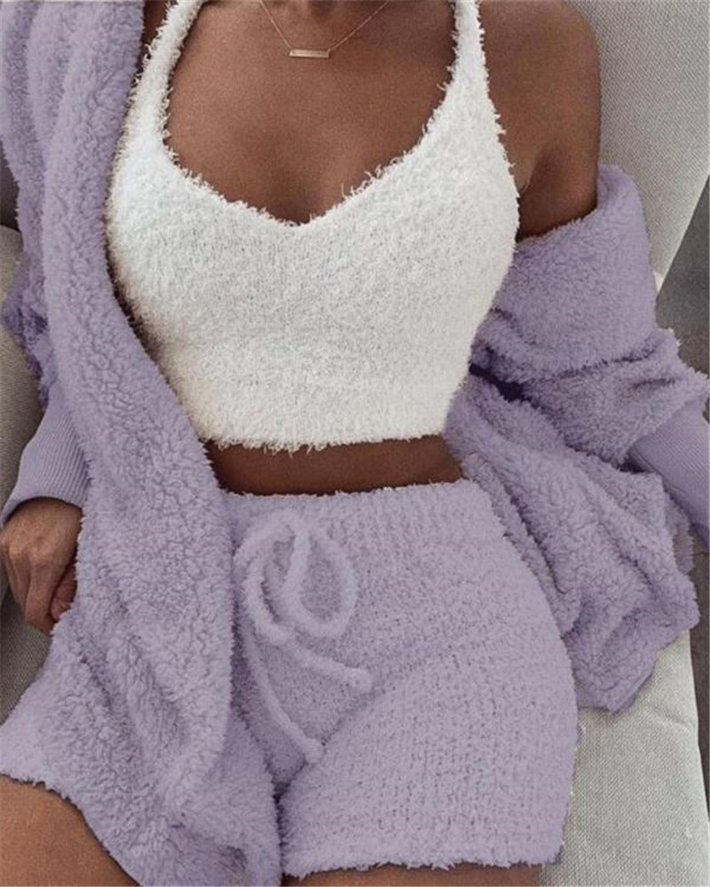 Women's 3 Piece Pajama Set - Long Sleeve Cropped Tank Top and Drawstring Shorts 💖