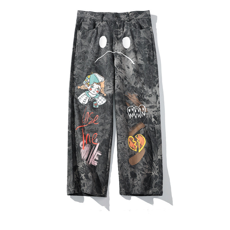 Streetwear Men Loose Denim Pants Graffiti Print Black Vintage Denim Pants Harajuku Joggers Trousers Cotton