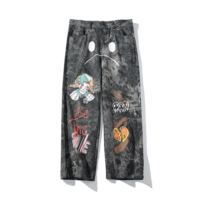 Streetwear Men Loose Denim Pants Graffiti Print Black Vintage Denim Pants Harajuku Joggers Trousers Cotton