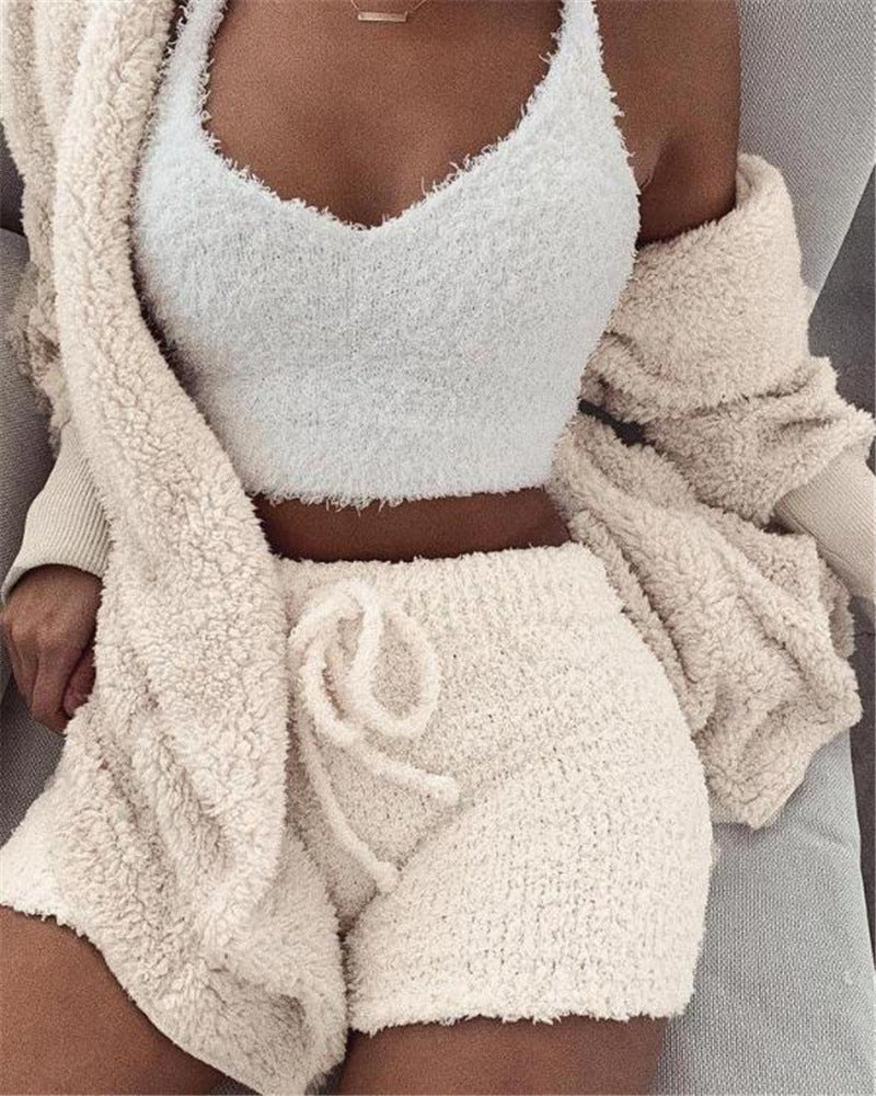 Women's 3 Piece Pajama Set - Long Sleeve Cropped Tank Top and Drawstring Shorts 💖