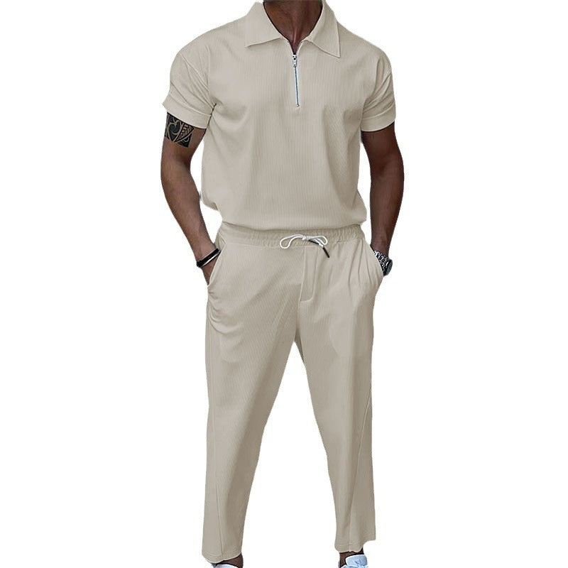 Men's Set - Short Sleeve Polo Shirt and Solid Pants - Casual Style