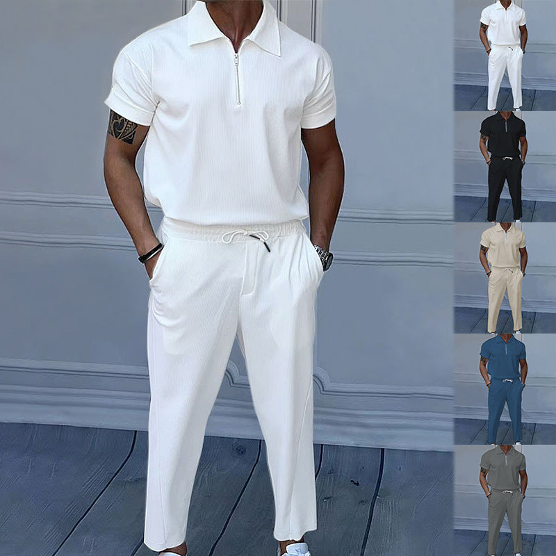 Men's Set - Short Sleeve Polo Shirt and Solid Pants - Casual Style