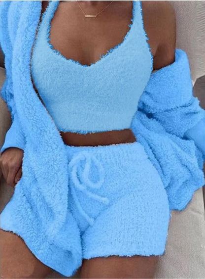 Women's 3 Piece Pajama Set - Long Sleeve Cropped Tank Top and Drawstring Shorts 💖