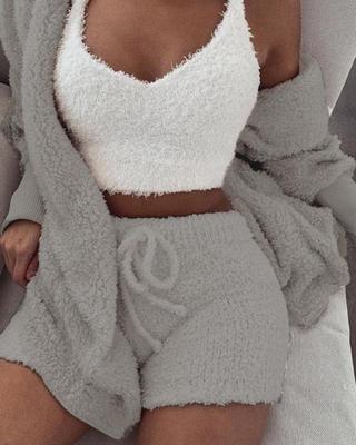 Women's 3 Piece Pajama Set - Long Sleeve Cropped Tank Top and Drawstring Shorts 💖