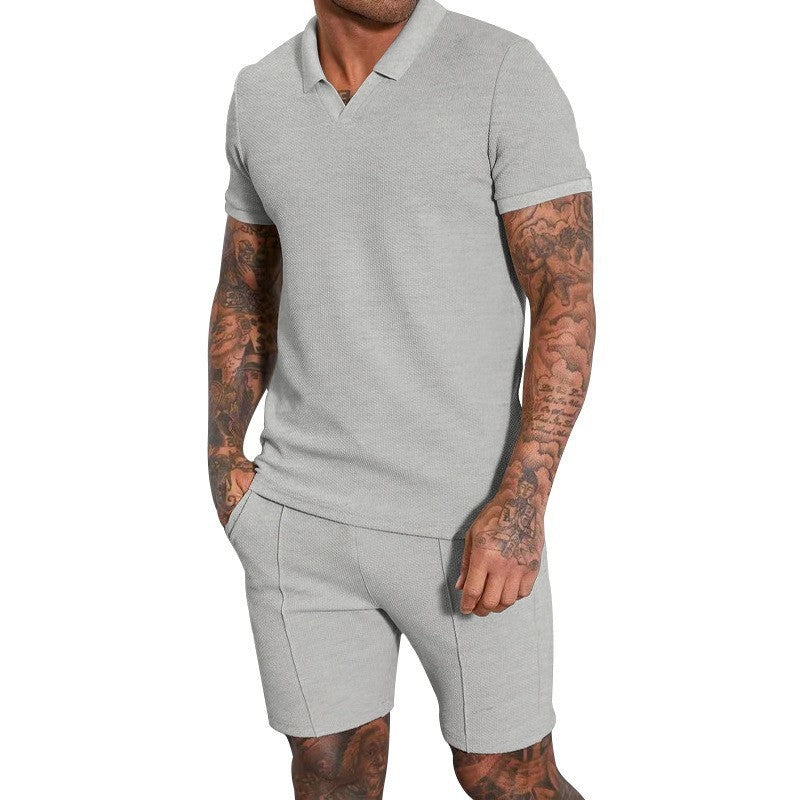 Men's V-Neck Short Sleeve Shorts Two Piece Set