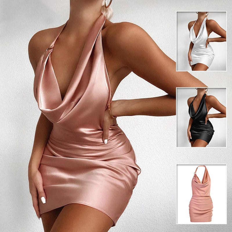 Satin Evening Dress – V-Neck, Backless, Mini and Sleeveless ✨