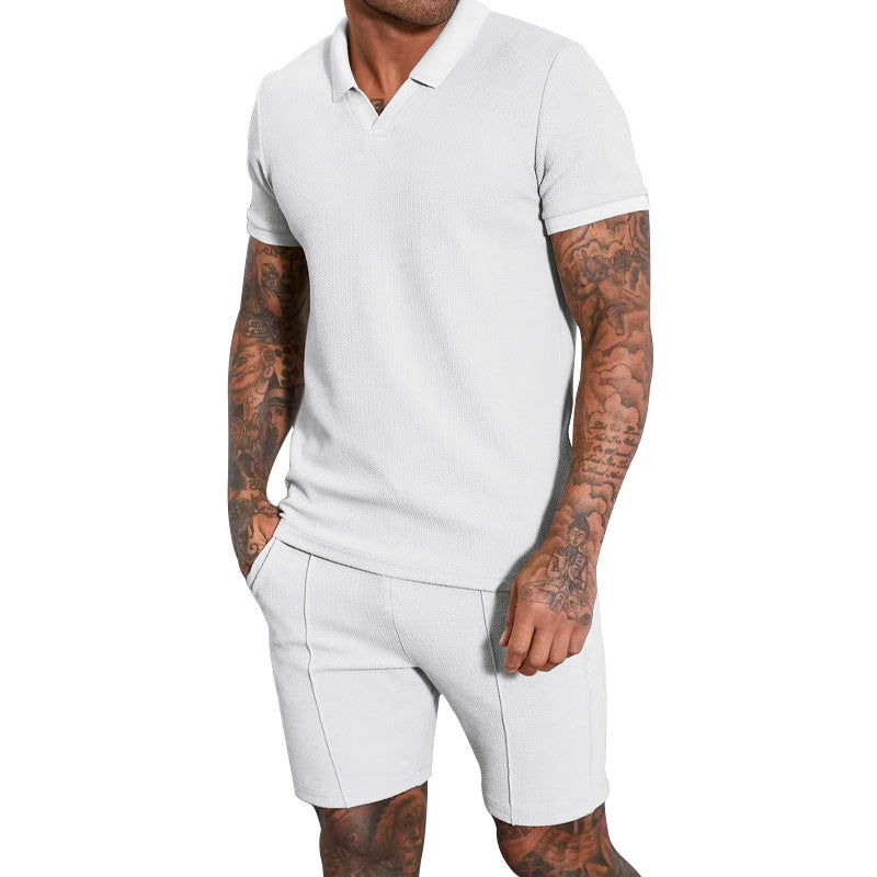 Men's V-Neck Short Sleeve Shorts Two Piece Set