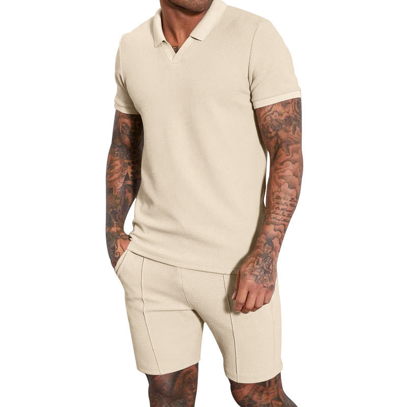 Men's V-Neck Short Sleeve Shorts Two Piece Set