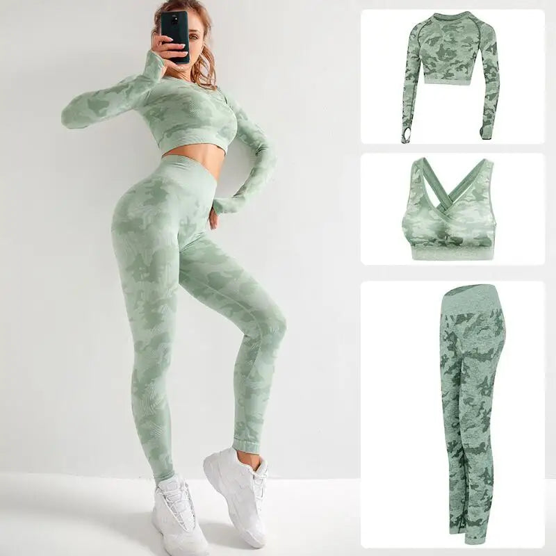 Ensemble de Yoga Sans Couture Camouflage 2/3 Pièces – Style et Performance Redéfinis