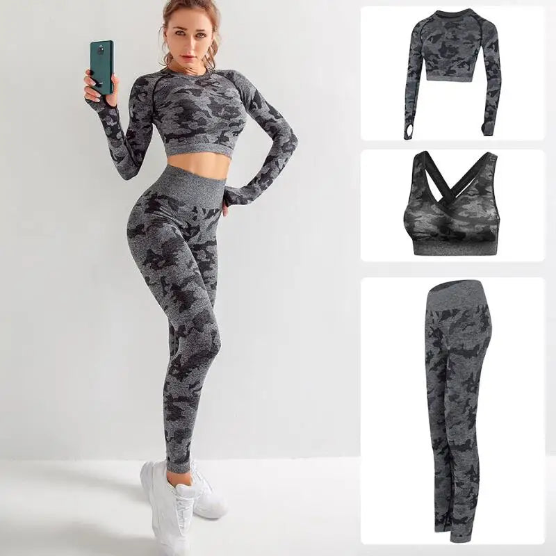 Ensemble de Yoga Sans Couture Camouflage 2/3 Pièces – Style et Performance Redéfinis