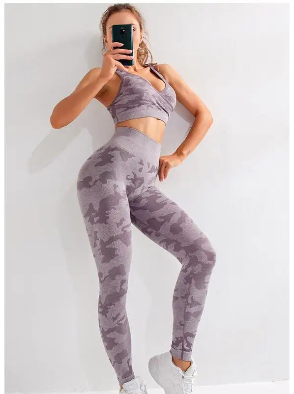 Ensemble de Yoga Sans Couture Camouflage 2/3 Pièces – Style et Performance Redéfinis