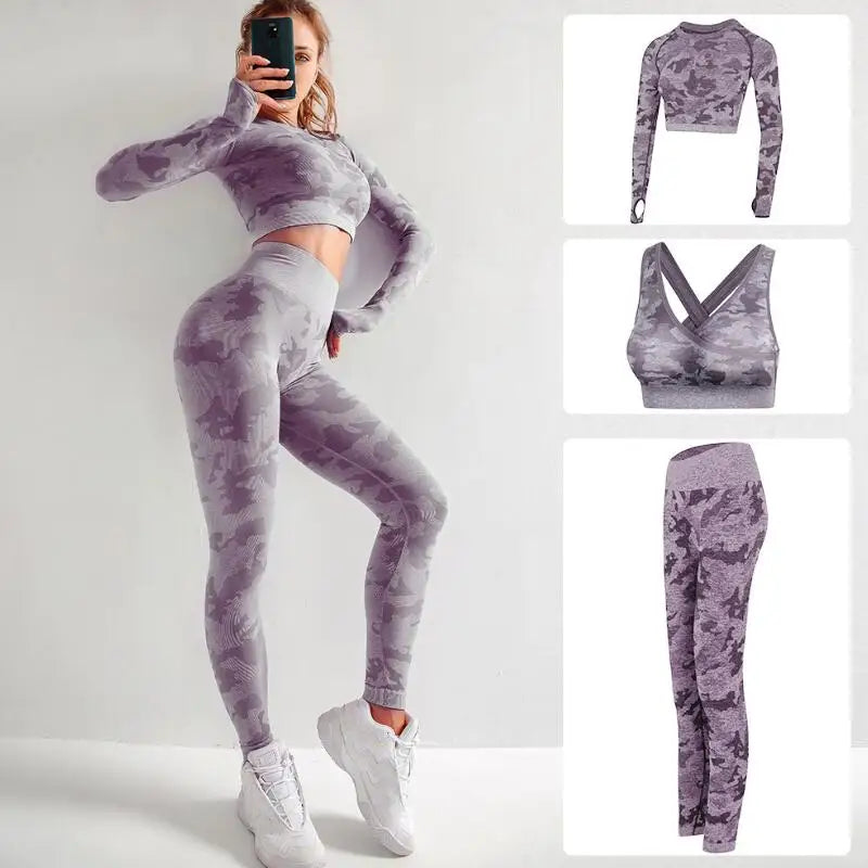 Ensemble de Yoga Sans Couture Camouflage 2/3 Pièces – Style et Performance Redéfinis