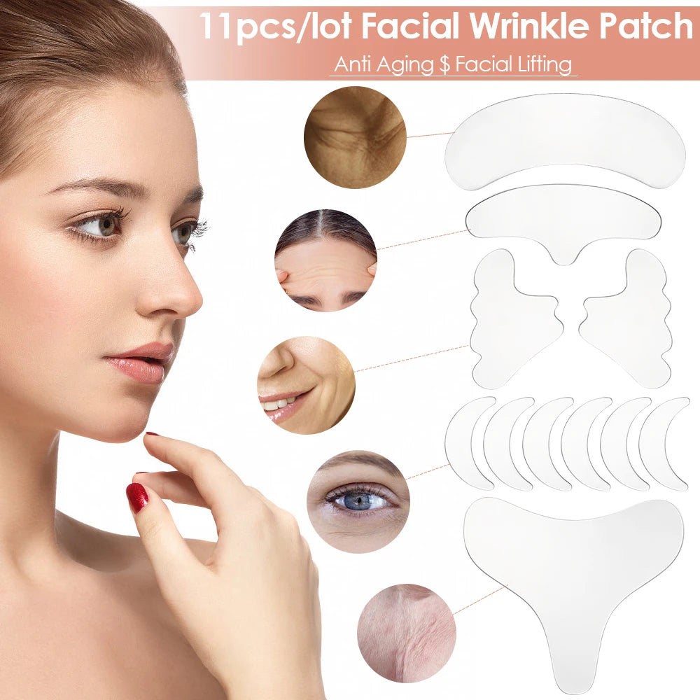 Reusable Silicone Wrinkle Removal Sticker Facial Lifting Strips Set Forehead Neck Line Remover Eye Patches Anti Aging Skin Pads