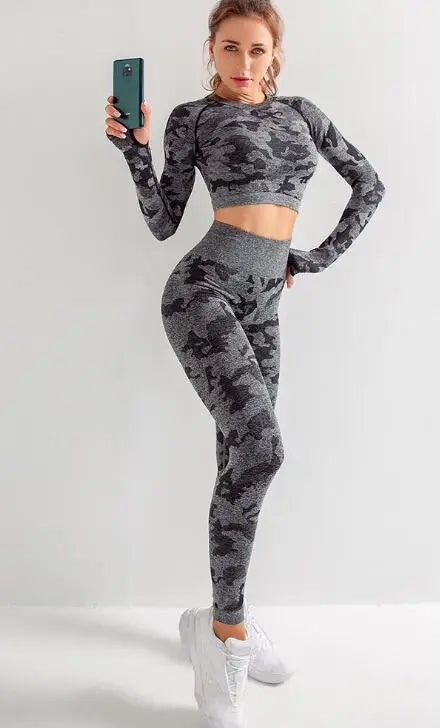 Ensemble de Yoga Sans Couture Camouflage 2/3 Pièces – Style et Performance Redéfinis