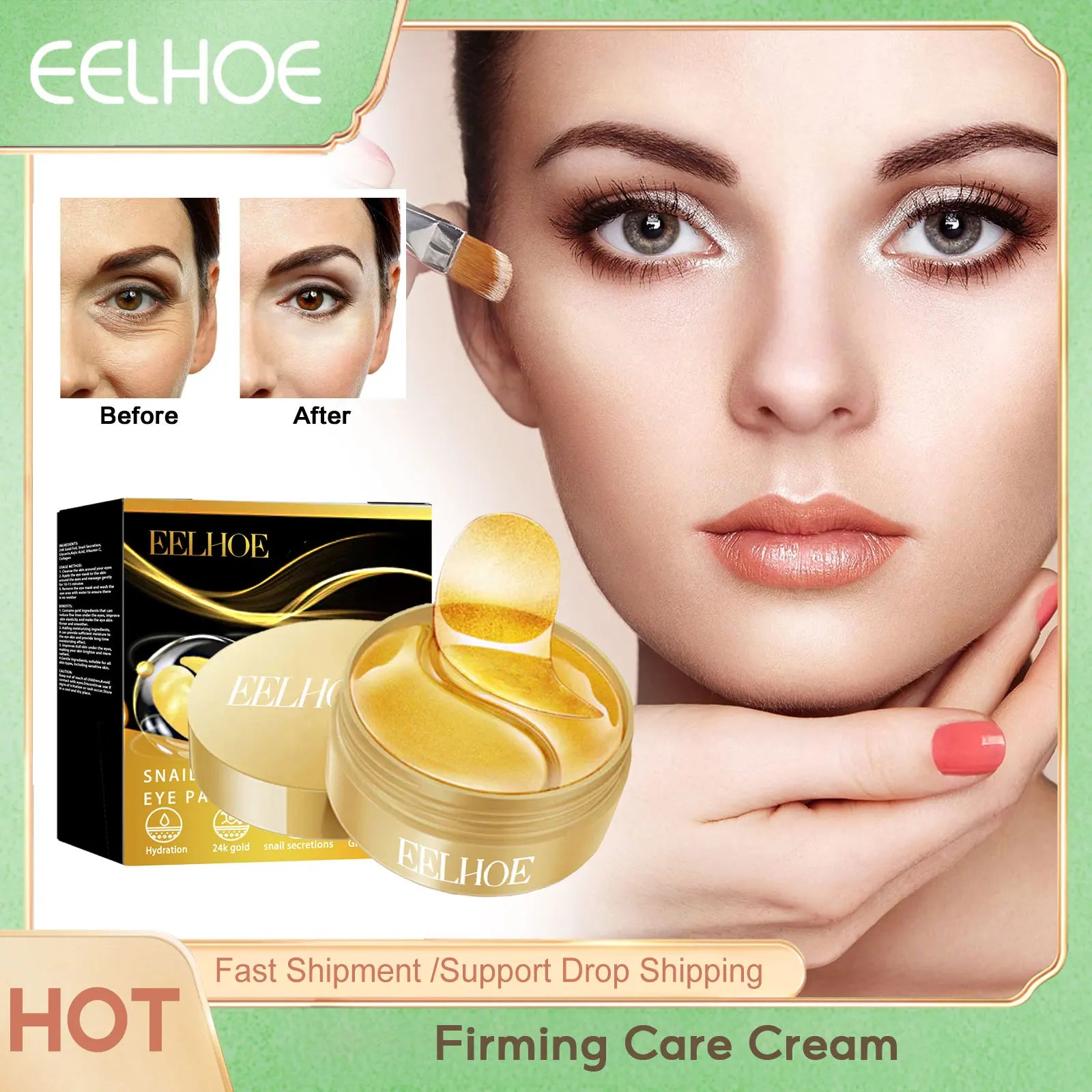 EELHOE 24K Gold Snail Firming Eye Patches Fades Wrinkle Remove Dark Circle and Eye Bags Reducing Fine Lines Smooth Eye Skin Care