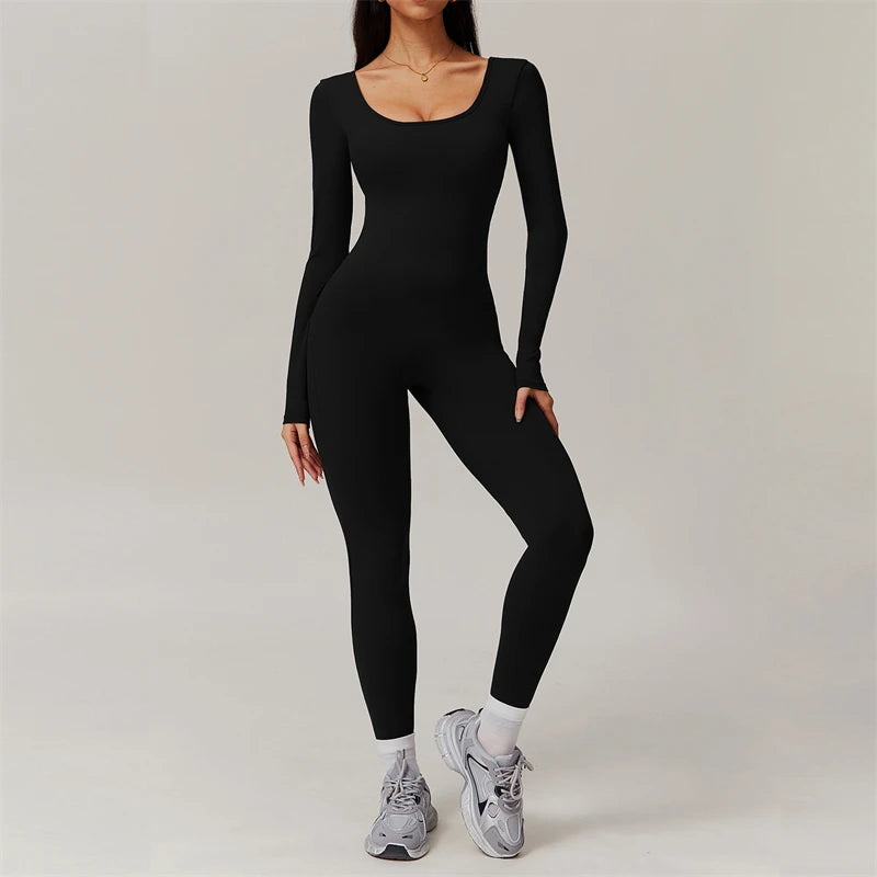 Longsleeve Jumpsuits Women Pocket Sport Overalls Sexy Fitness Bodysuits Female Gym Workout Romper Sportwear