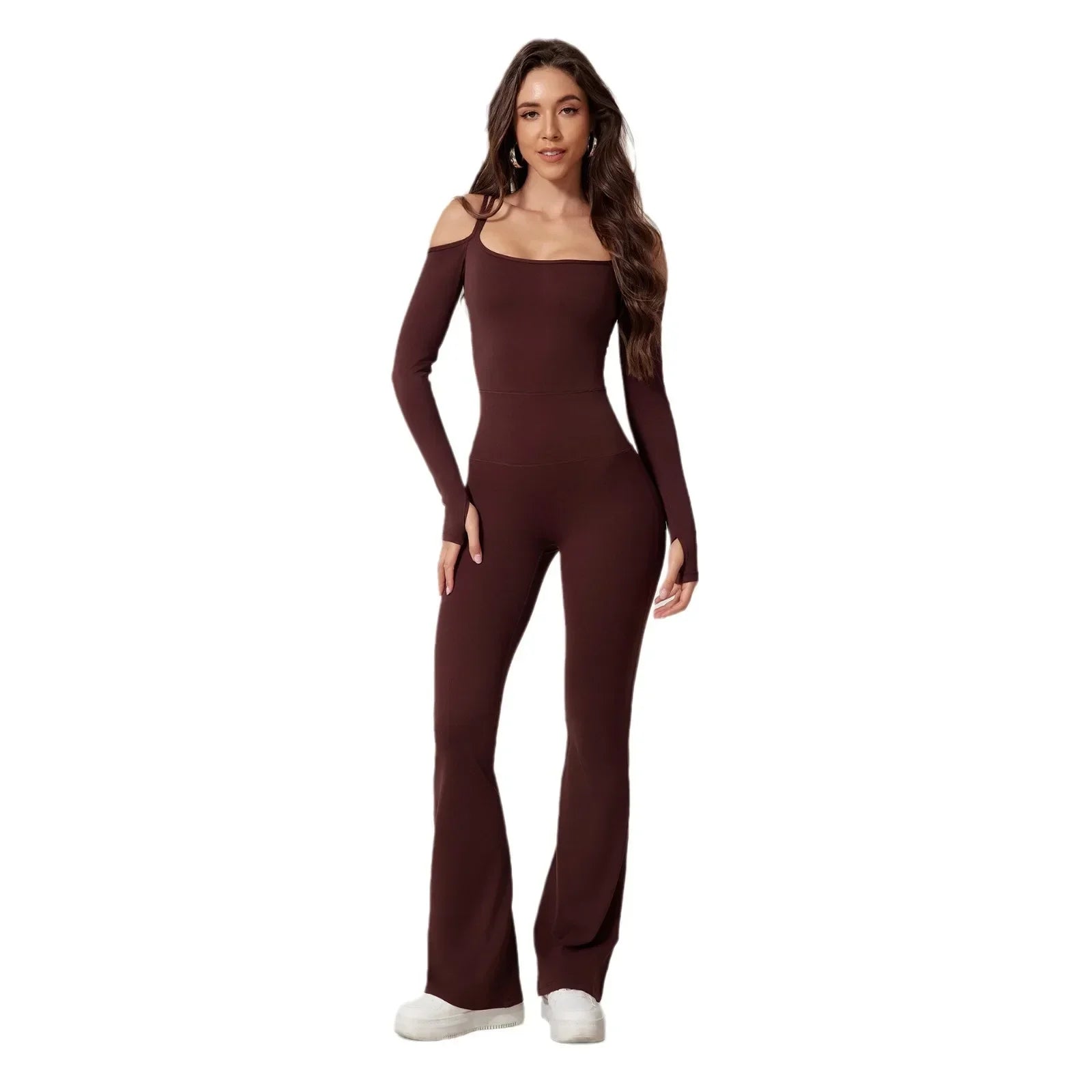 Seamless Yoga Jumpsuits Sports Fitness High Waist Hip Raise Long-Sleeved Flared Pants Suit Workout Gym Leggings Set for Women