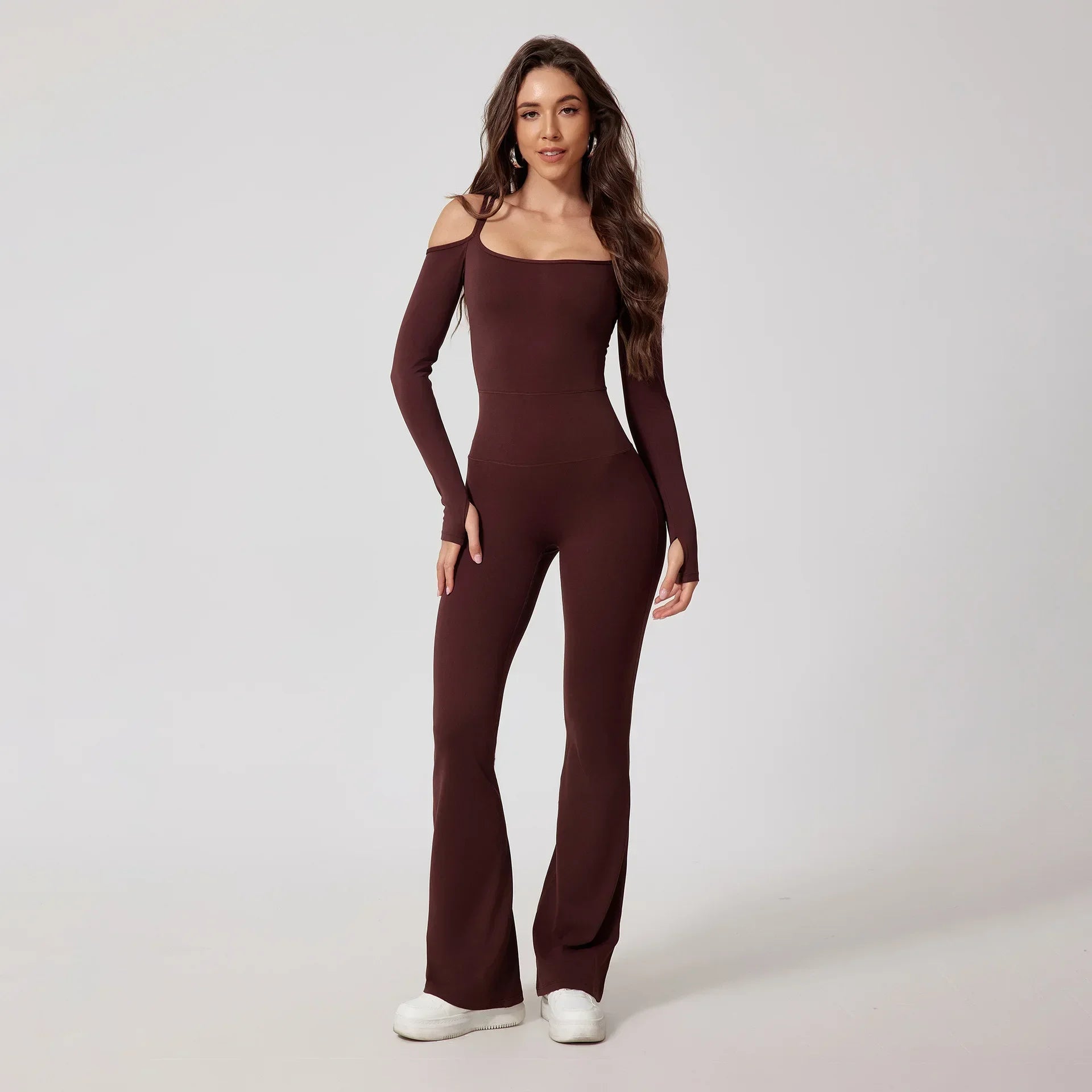 Seamless Yoga Jumpsuits Sports Fitness High Waist Hip Raise Long-Sleeved Flared Pants Suit Workout Gym Leggings Set for Women