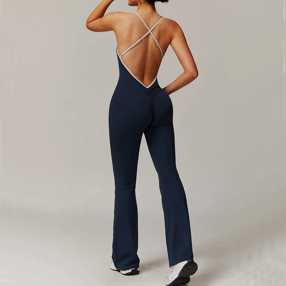 Sexy Back V Jumpsuit Gym Set Women Training Yoga Suit Sportswear Women Sports Jumpsuit Fitness Rompers Stretch Workout Bodysuits