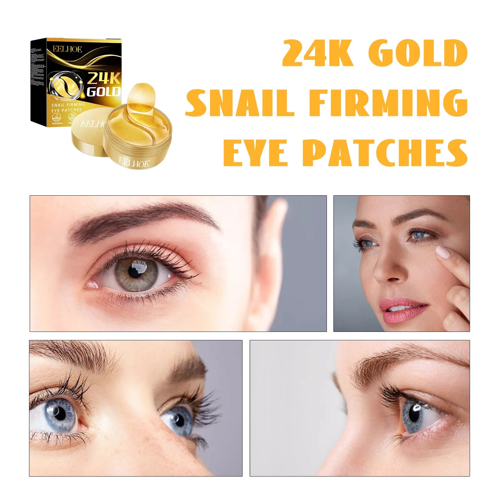 EELHOE 24K Gold Snail Firming Eye Patches Fades Wrinkle Remove Dark Circle and Eye Bags Reducing Fine Lines Smooth Eye Skin Care