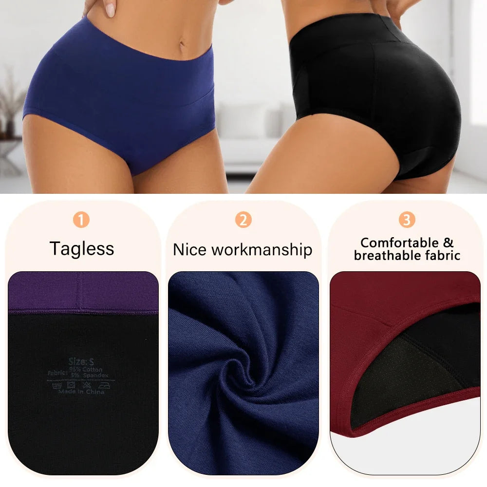 3Pcs/Set Women Menstrual Panties Cotton High Rise Period Underwear High Absorbency Leak Proof Heavy Flow Incontinence Briefs