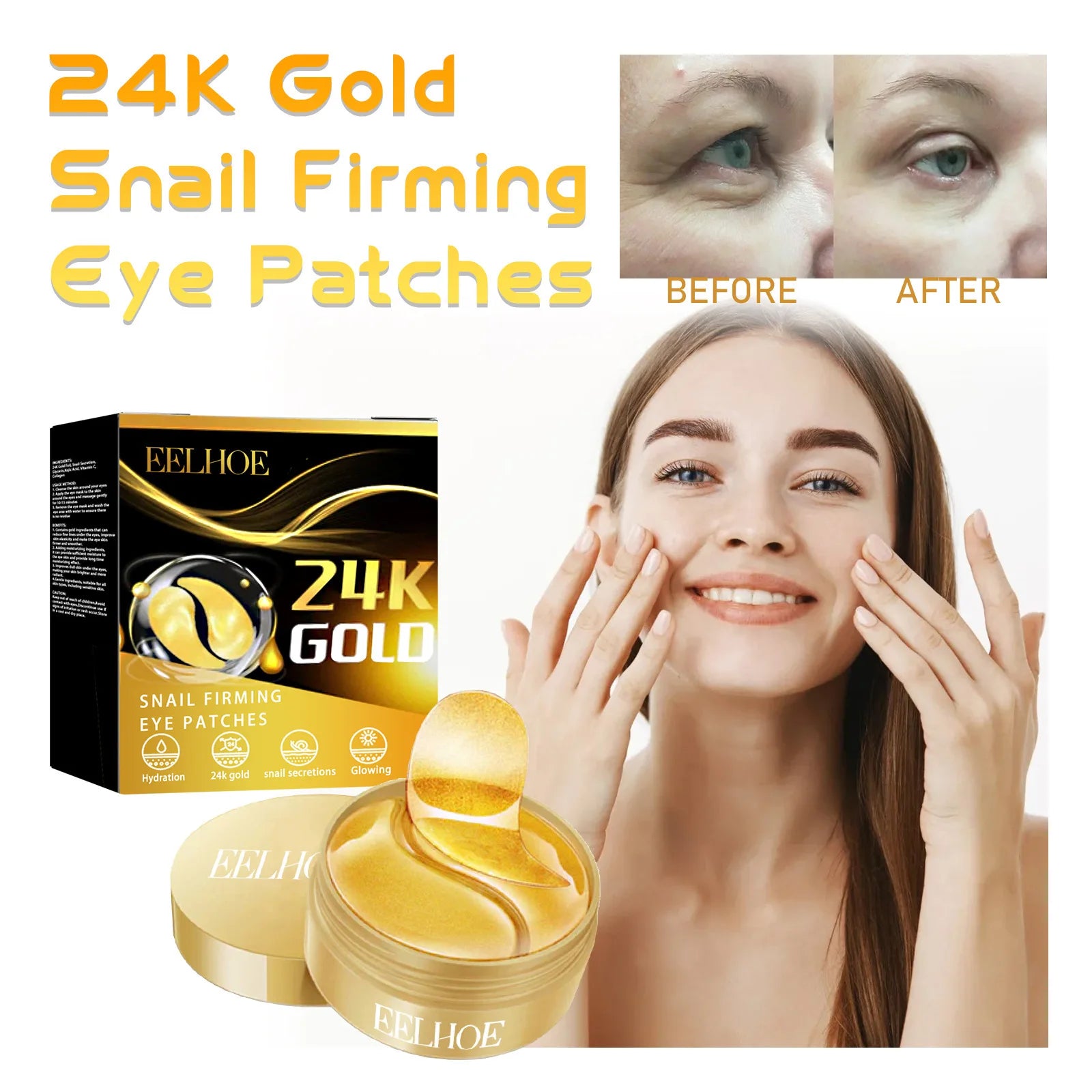 EELHOE 24K Gold Snail Firming Eye Patches Fades Wrinkle Remove Dark Circle and Eye Bags Reducing Fine Lines Smooth Eye Skin Care