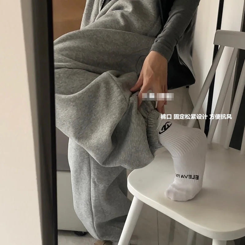 Pure Cotton Fleece-Lined Grey American Style Casual Sweatpants Women's Autumn Winter Loose-Fit High-Waisted Wide-Legged Pants