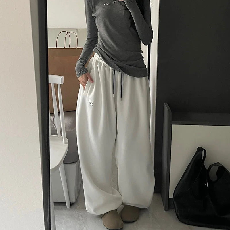 Pure Cotton Fleece-Lined Grey American Style Casual Sweatpants Women's Autumn Winter Loose-Fit High-Waisted Wide-Legged Pants