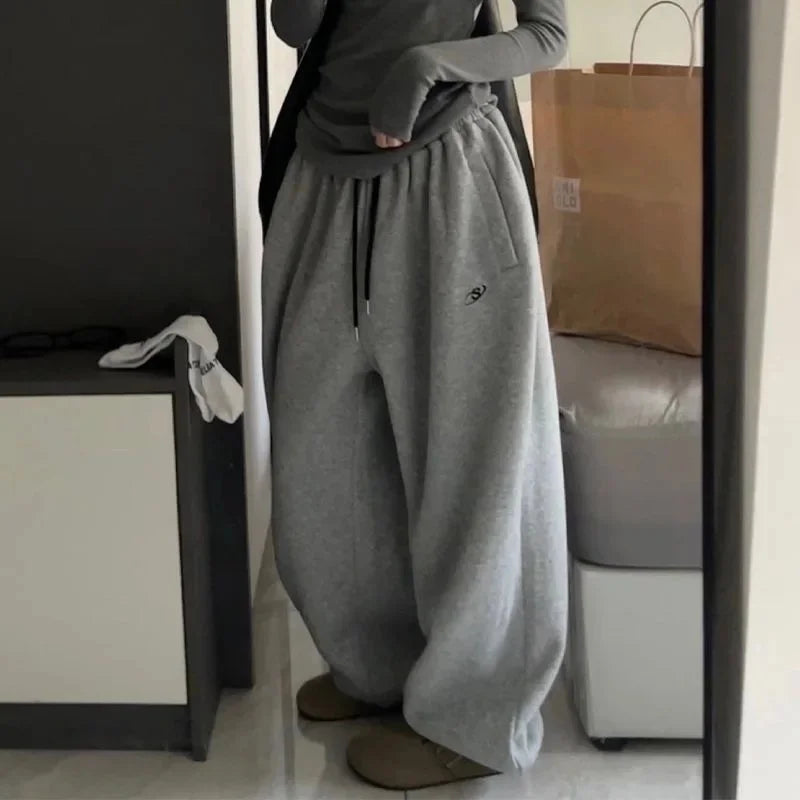 Pure Cotton Fleece-Lined Grey American Style Casual Sweatpants Women's Autumn Winter Loose-Fit High-Waisted Wide-Legged Pants