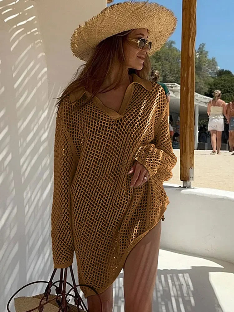 Solid Colour Beach Knit Mini Dress Women's Summer Sexy Hollow Out Long Sleeve Swimsuit Cover Up Boho Holiday Loose Beachwear K17