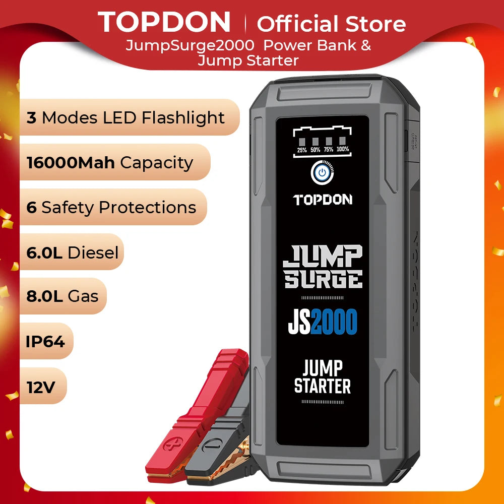 TOPDON JS2000 2000A Jump Starter 12V Power Bank Car Starting Device 16000Mah For 8.0L/6.0L Emergency Car Battery Jump Starter