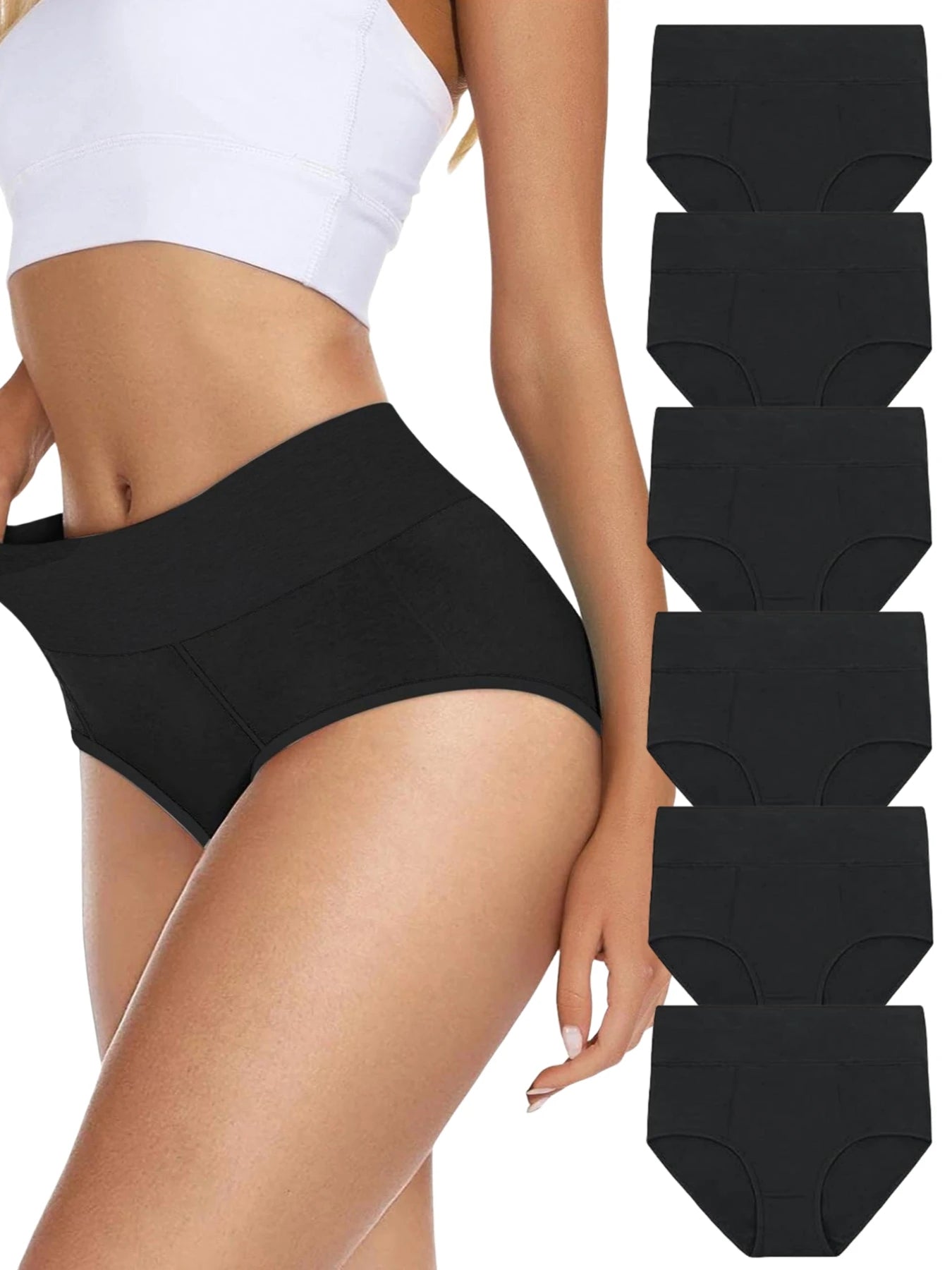 6PCS Women Mid Waist Underwear Comfortable Full Coverage Underpants Black Briefs Set 95% Cotton Fabric Panties Plus Size S-5XL