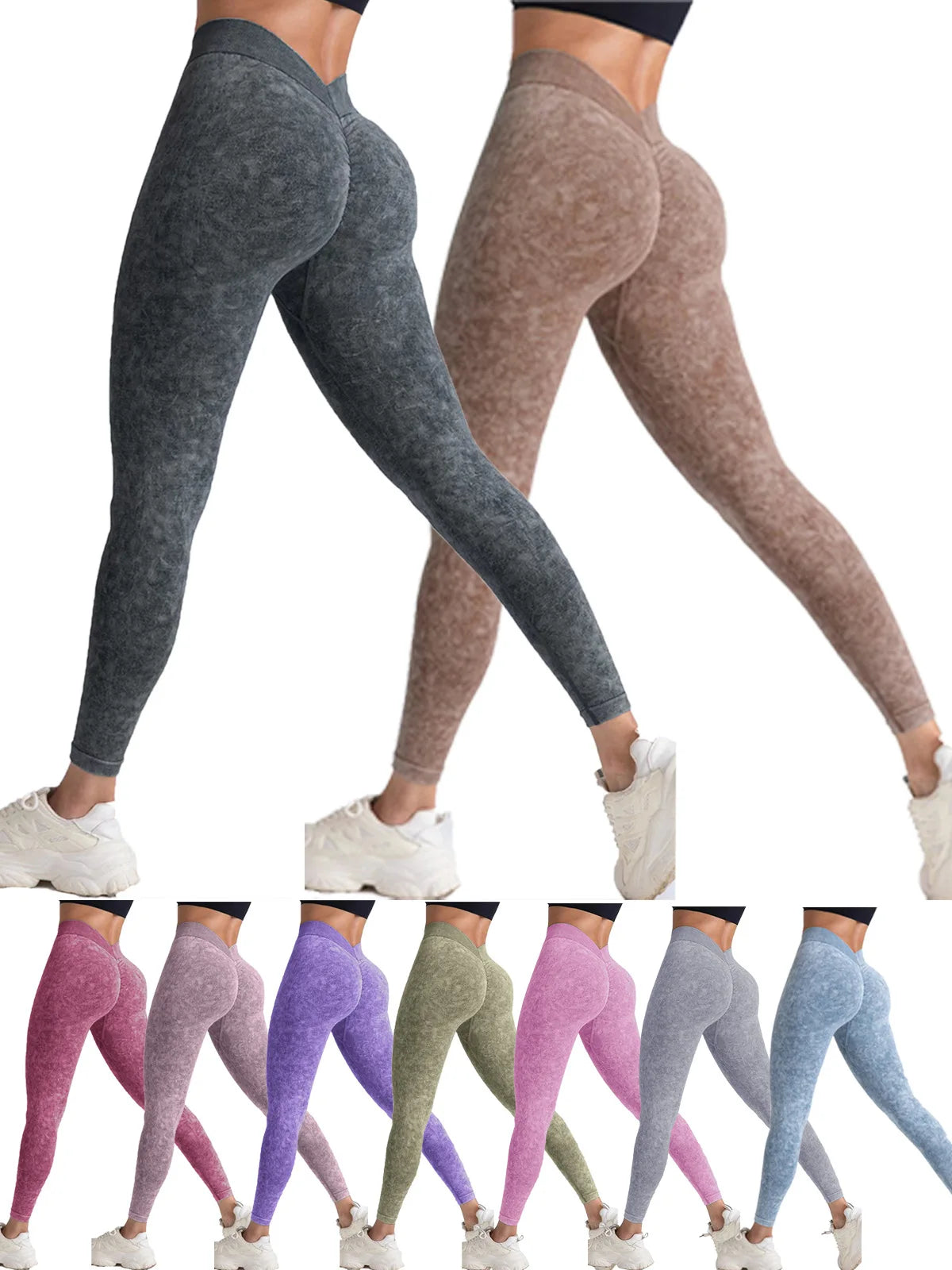 Sports seamless high elasticity enlarged V-waist V-back peach hip washed frosted tight yoga pants