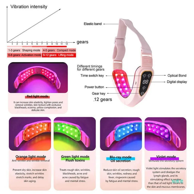 Facial Lifting Device LED Photon Facial Slimming Vibration Massager Heated Double Chin V Face Shaped Cheek Lift Belt Machine