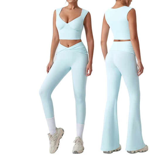 Ensemble de Yoga 2 Pièces Femme – Débardeur Ajusté & Pantalon Évasé Taille Haute | Séchage Rapide & Sans Couture