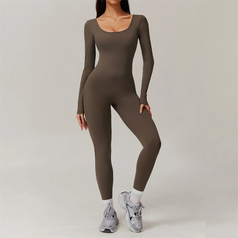 Longsleeve Jumpsuits Women Pocket Sport Overalls Sexy Fitness Bodysuits Female Gym Workout Romper Sportwear