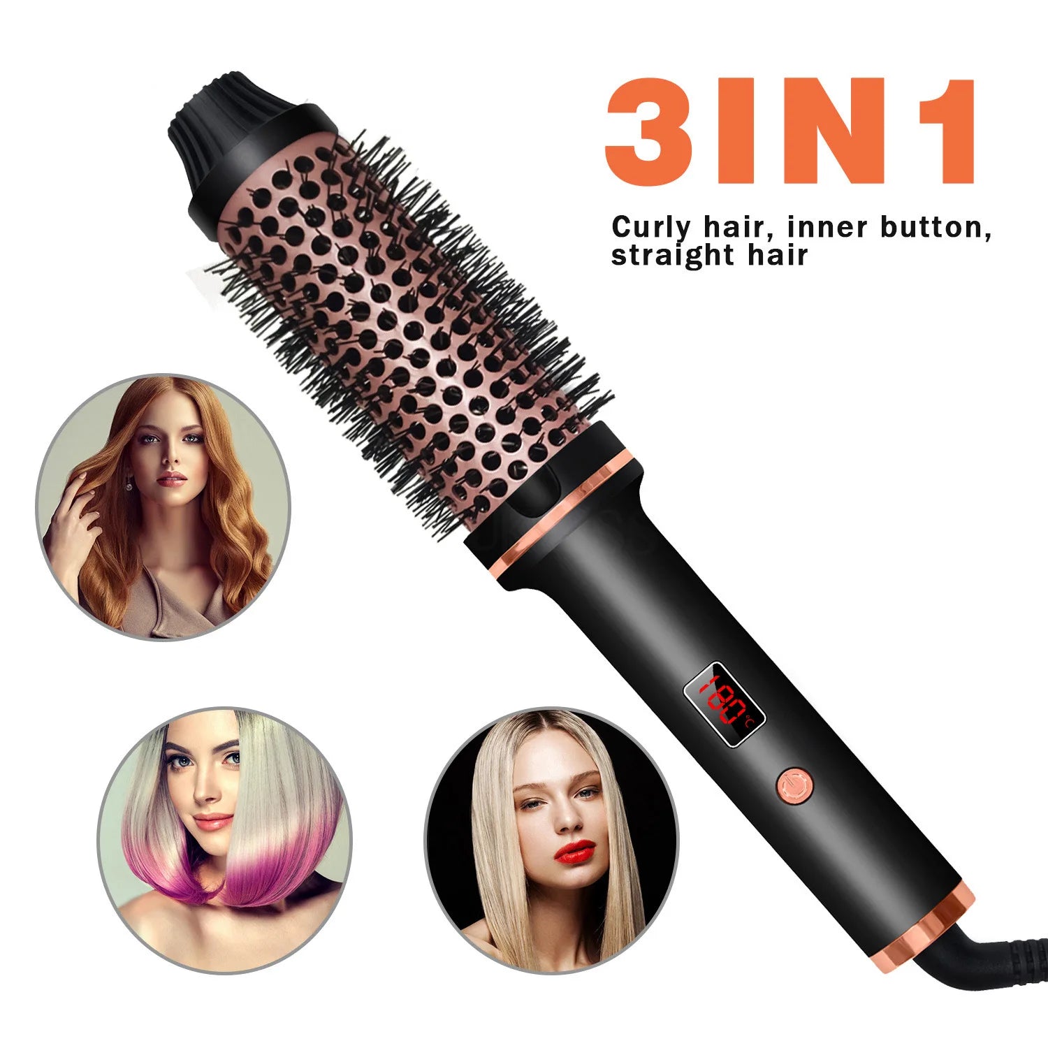 Heated Styling Brush 3-in-1 Ionic Hair Curler/Straightener With Anti-Scald Electric Curling Iron Wand Hair Styling Appliances