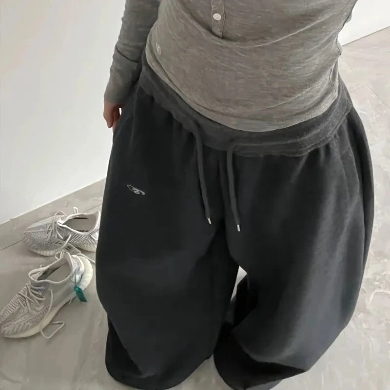 Oversize Cotton Woman Black Sweatpants Y2K Korean Streetwear Loose Casual Jogger Pants High Waist All Match Drawstring Trousers