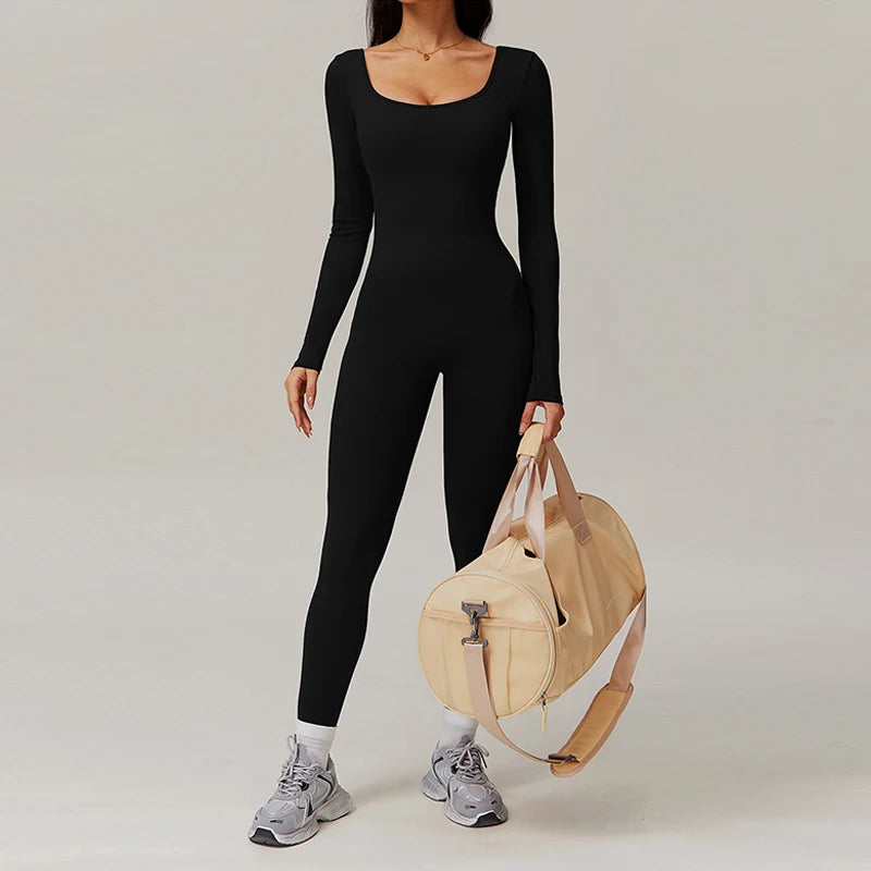 Longsleeve Jumpsuits Women Pocket Sport Overalls Sexy Fitness Bodysuits Female Gym Workout Romper Sportwear