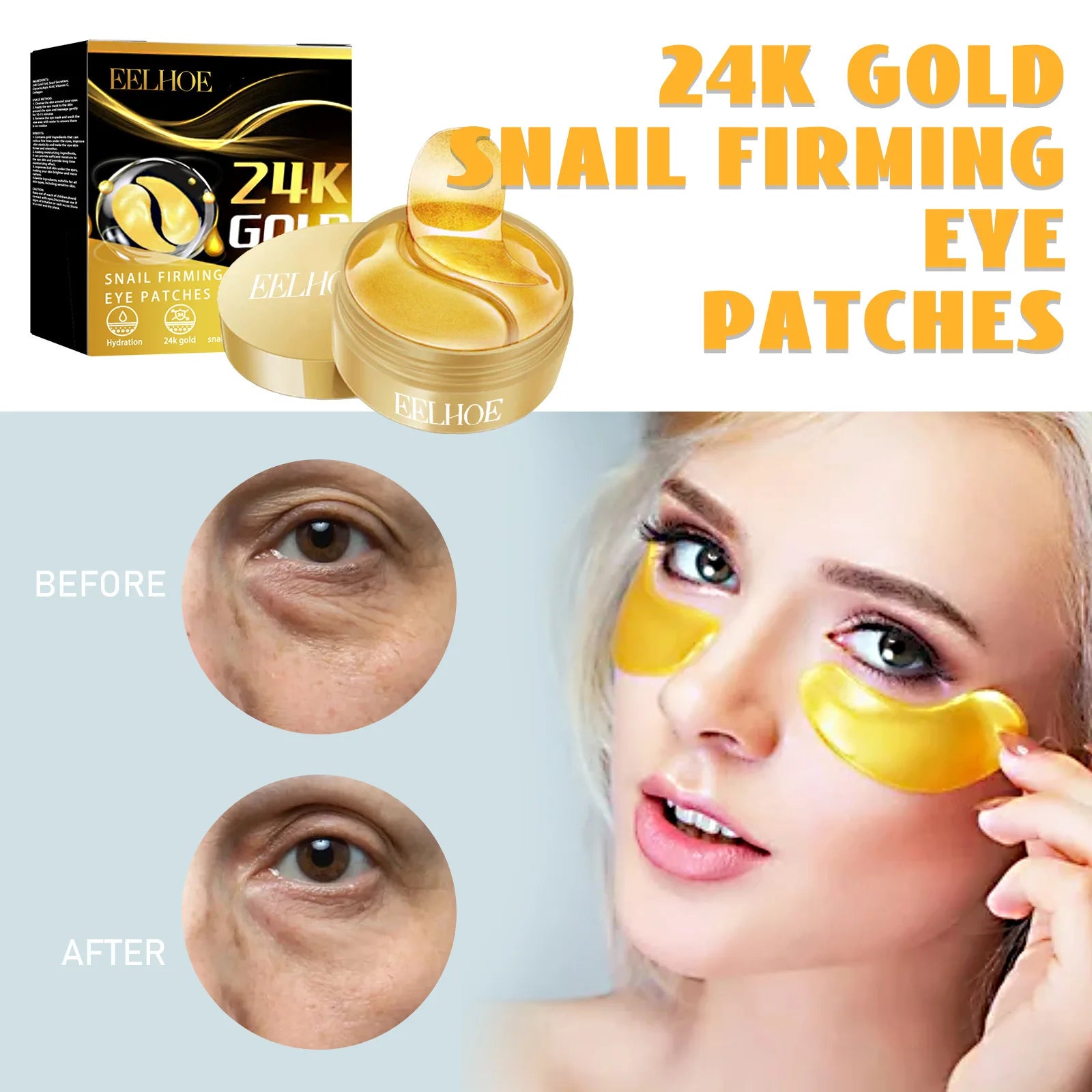 EELHOE 24K Gold Snail Firming Eye Patches Fades Wrinkle Remove Dark Circle and Eye Bags Reducing Fine Lines Smooth Eye Skin Care