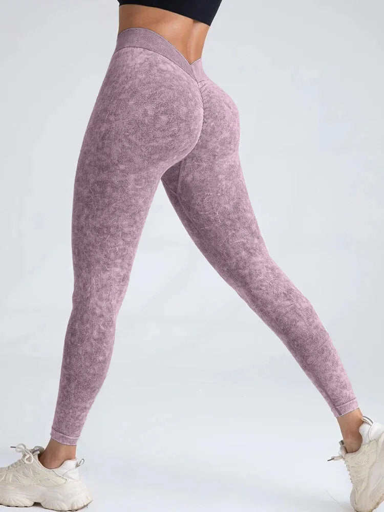 Sports seamless high elasticity enlarged V-waist V-back peach hip washed frosted tight yoga pants