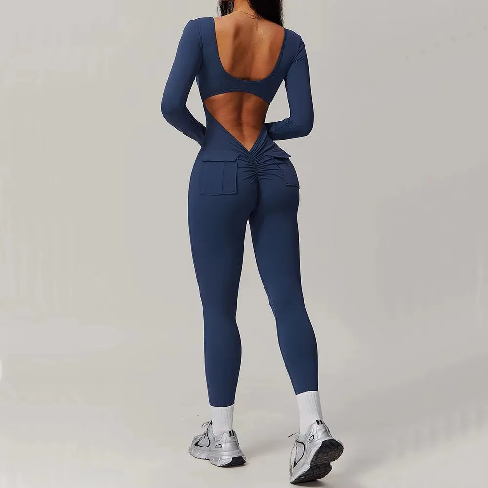 Sexy Back V Jumpsuit Gym One-Piece Suit Women Halterneck Yoga Boilersuit Women Fitness Sports Rompers Stretch Workout BodysuitsS