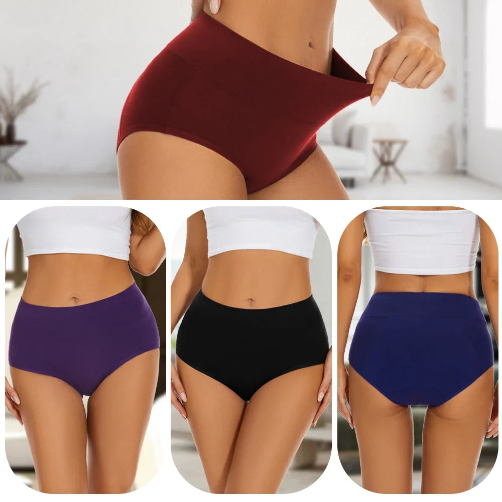 3Pcs/Set Women Menstrual Panties Cotton High Rise Period Underwear High Absorbency Leak Proof Heavy Flow Incontinence Briefs