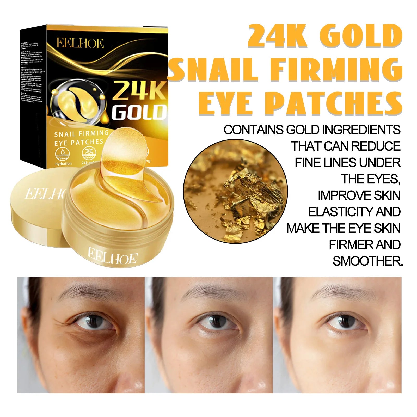 EELHOE 24K Gold Snail Firming Eye Patches Fades Wrinkle Remove Dark Circle and Eye Bags Reducing Fine Lines Smooth Eye Skin Care