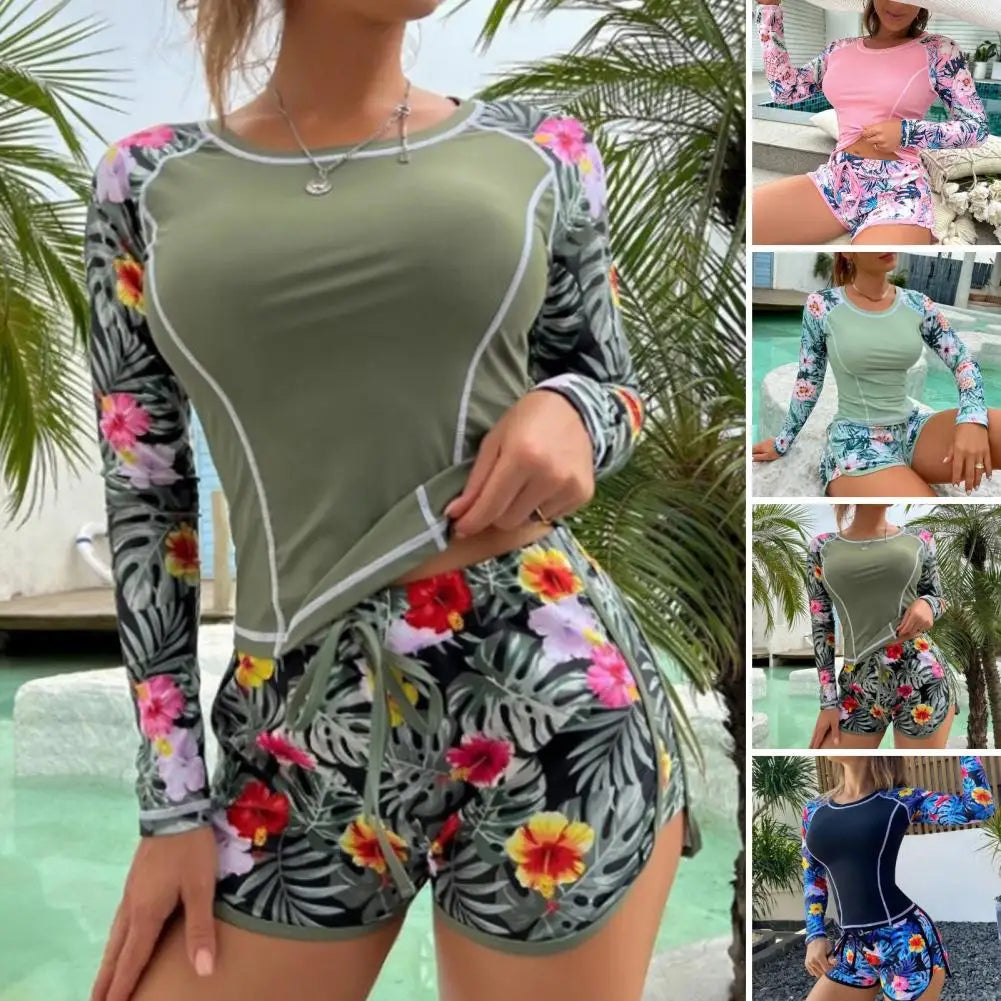 Two-piece Swimsuit Floral Print Long Sleeve Swimsuit Set for Women with Drawstring Elastic Waist Shorts Quick Dry for Surfing