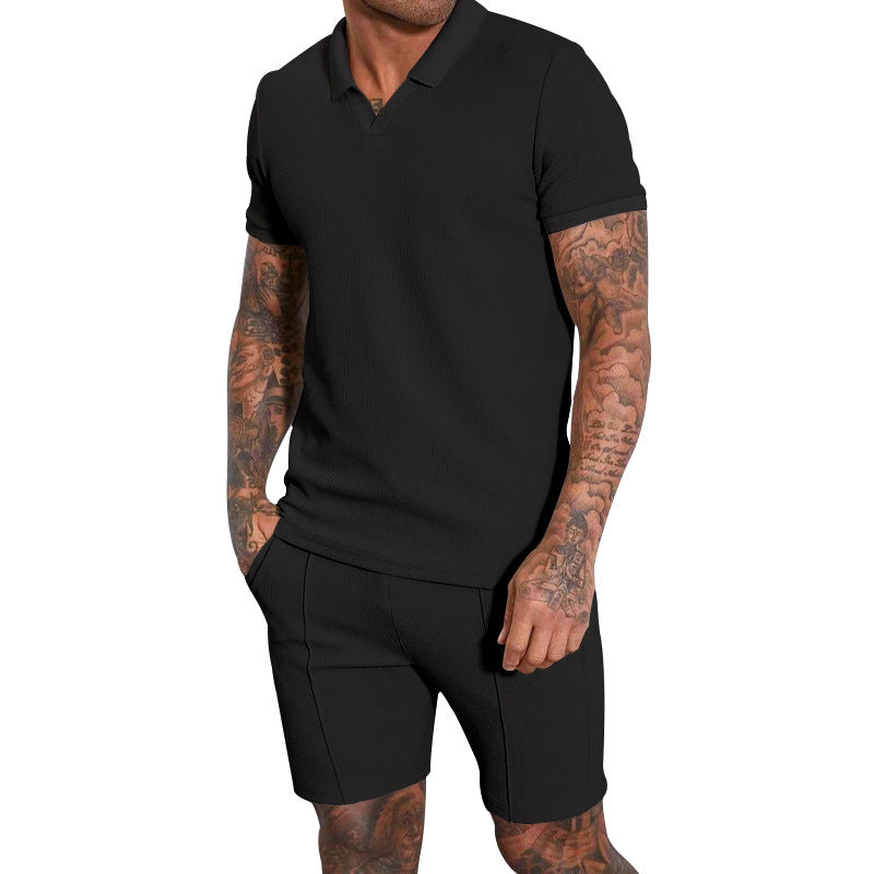 Men's V-Neck Short Sleeve Shorts Two Piece Set